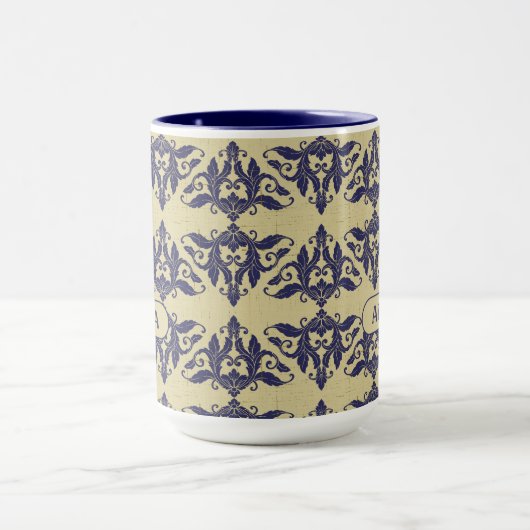 ヴィンテージエレガントダマスク海軍ブルーイエローモノグラム マグカップ (中央)