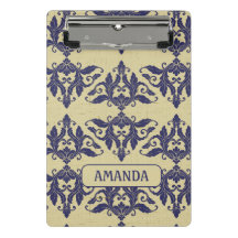 ヴィンテージエレガントダマスク海軍ブルーイエローモノグラム