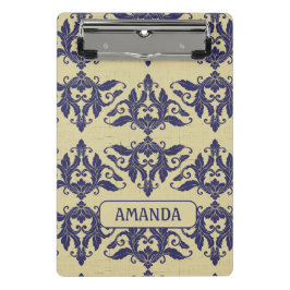 ヴィンテージエレガントダマスク海軍ブルーイエローモノグラム ミニクリップボード