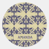 ヴィンテージエレガントダマスク海軍ブルーイエローモノグラム ラウンドシール (正面)