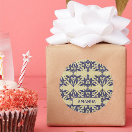 ヴィンテージエレガントダマスク海軍ブルーイエローモノグラム ラウンドシール