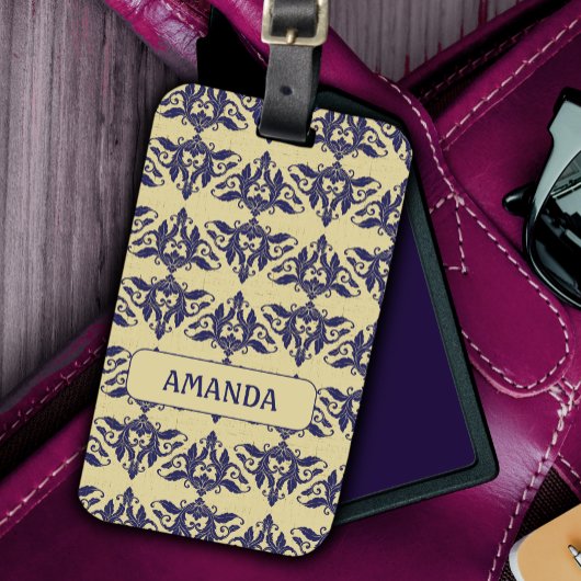 ヴィンテージエレガントダマスク海軍ブルーイエローモノグラム ラゲッジタグ