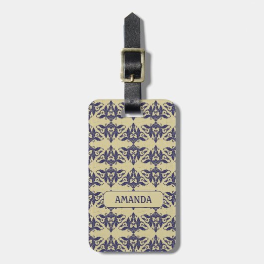 ヴィンテージエレガントダマスク海軍ブルーイエローモノグラム ラゲッジタグ (正面縦)