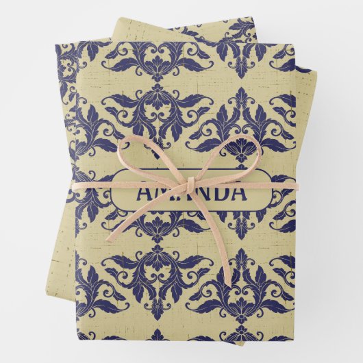 ヴィンテージエレガントダマスク海軍ブルーイエローモノグラム ラッピングペーパーシート (インサイチュ)