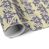 ヴィンテージエレガントダマスク海軍ブルーイエローモノグラム ラッピングペーパー (ロールコーナー)