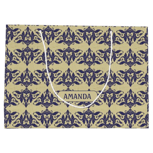 ヴィンテージエレガントダマスク海軍ブルーイエローモノグラムM ラージペーパーバッグ (裏面)