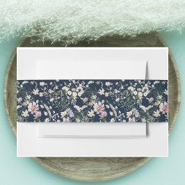 ヴィンテージエレガントダークブルーフローラ結婚ズ 招待状ベリーバンド