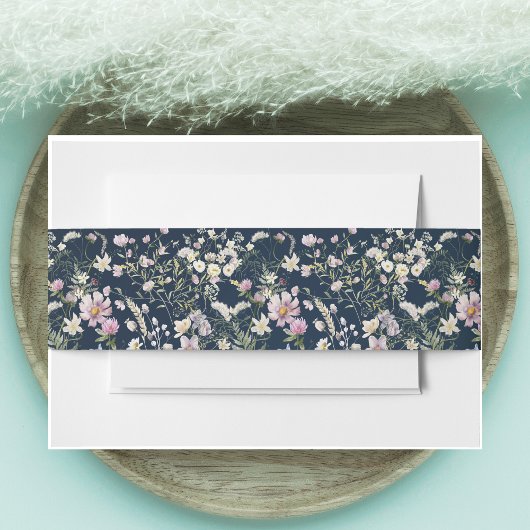 ヴィンテージエレガントダークブルーフローラ結婚ズ 招待状ベリーバンド