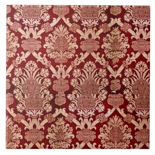 ヴィンテージエレガントダークレッドベージュダマスク織り タイル (正面)
