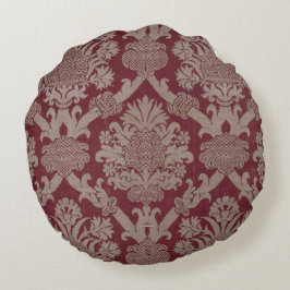 ヴィンテージエレガントダークレッドベージュダマスク織り ラウンドクッション