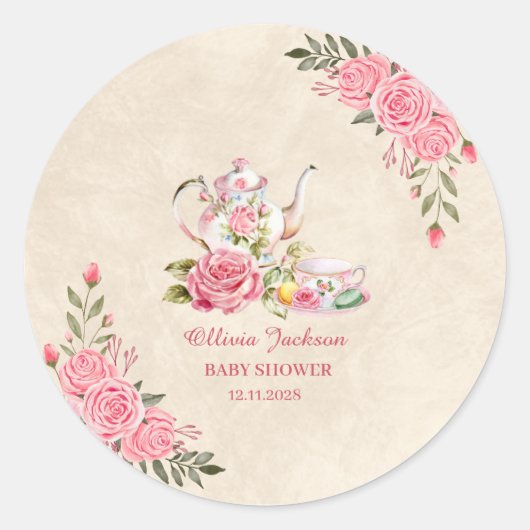 ヴィンテージエレガントティーパーティー ブライダルシャワー招待状 ラウンドシール (正面)
