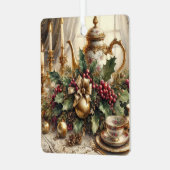 ヴィンテージエレガントティーポットとクリスマスフローラ メタルオーナメント (正面左)