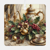 ヴィンテージエレガントティーポットとクリスマスフローラ メタルオーナメント (正面)