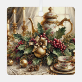 ヴィンテージエレガントティーポットとクリスマスフローラ メタルオーナメント