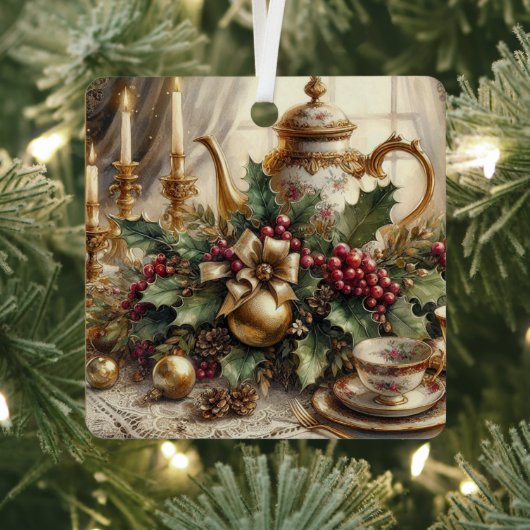 ヴィンテージエレガントティーポットとクリスマスフローラ メタルオーナメント (インサイチュ)