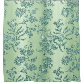 ヴィンテージエレガントティール（緑がかった色）フローラシルバーグリッタアクセント シャワーカーテン (正面)