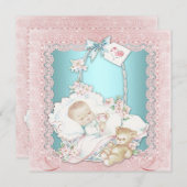 ヴィンテージエレガントティール（緑がかった色）ブルーとピンクの赤ちゃんガールシャワー 招待状 (正面/裏面)