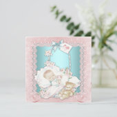 ヴィンテージエレガントティール（緑がかった色）ブルーとピンクの赤ちゃんガールシャワー 招待状 (スタンド正面)