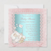 ヴィンテージエレガントティール（緑がかった色）ブルーとピンクの赤ちゃんガールシャワー 招待状 (裏面)