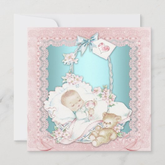 ヴィンテージエレガントティール（緑がかった色）ブルーとピンクの赤ちゃんガールシャワー 招待状 (正面)