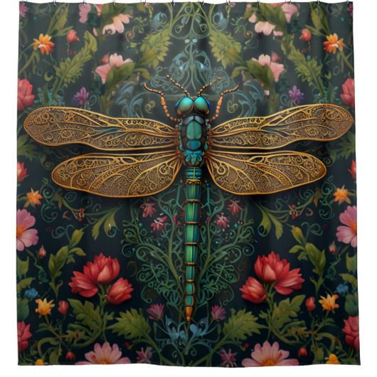 ヴィンテージエレガントトンボ植物学 シャワーカーテン (正面)