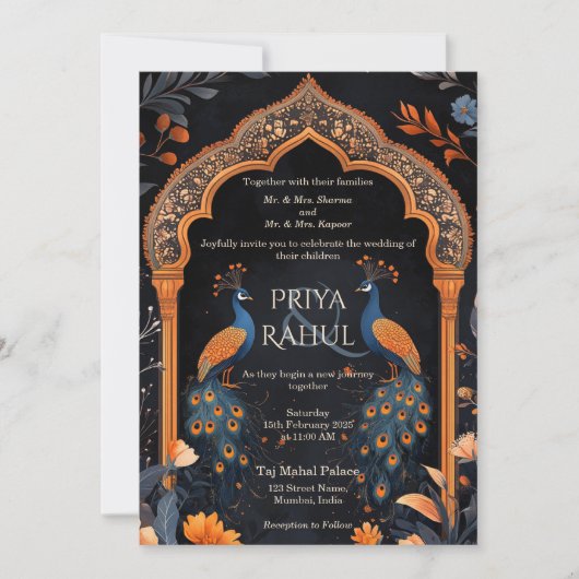 ヴィンテージエレガントネイビーピーコックスアーチインディアン結婚ズ 招待状 (正面)