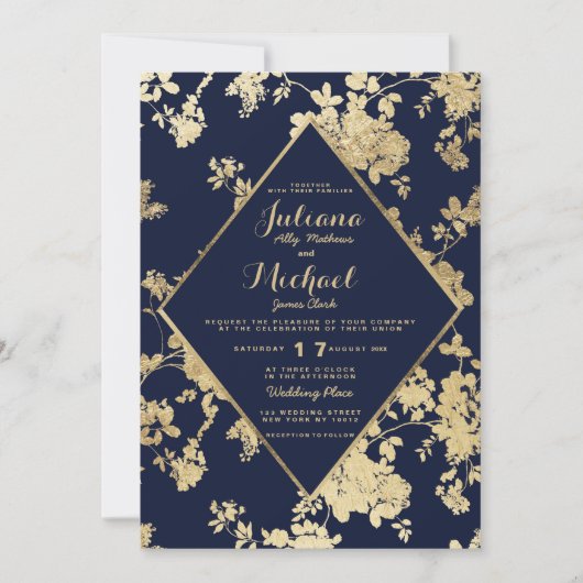 ヴィンテージエレガントネイビーフェイクブルー金ゴールド結婚フローラ 招待状 (正面)