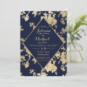 ヴィンテージエレガントネイビーフェイクブルー金ゴールド結婚フローラ 招待状 (スタンド正面)