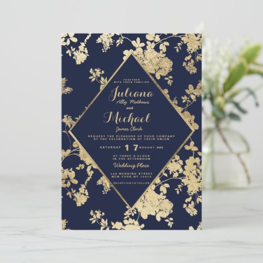 ヴィンテージエレガントネイビーフェイクブルー金ゴールド結婚フローラ 招待状 (スタンド正面)