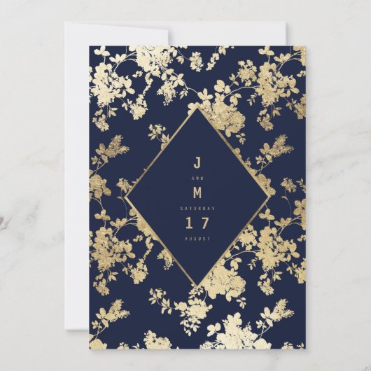 ヴィンテージエレガントネイビーフェイクブルー金ゴールド結婚フローラ 招待状 (裏面)