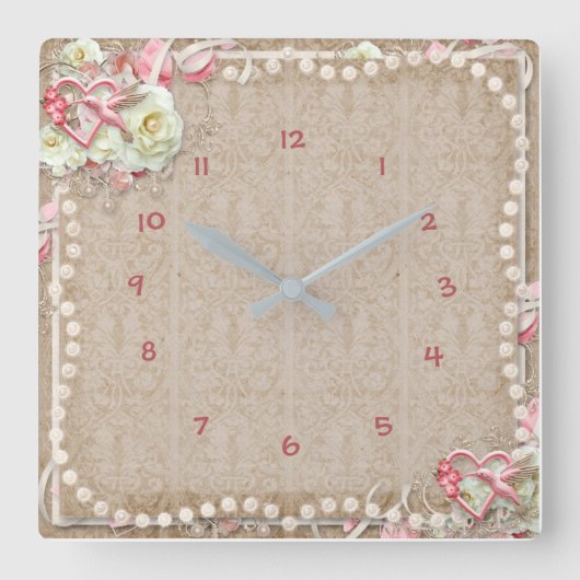 ヴィンテージエレガントハチドリ白バラ真珠 スクエア壁時計 (正面)