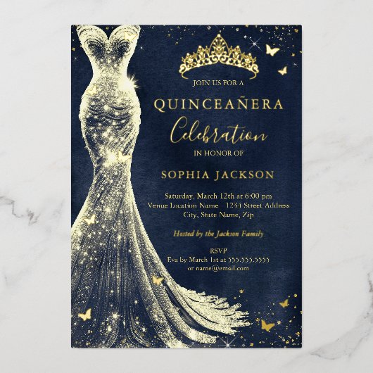 ヴィンテージエレガントバタフライ海軍金ゴールドキンセアニェラ 箔招待状 (正面)