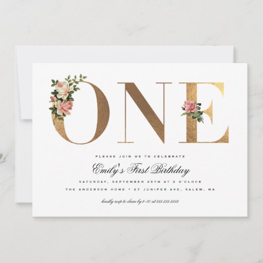 ヴィンテージエレガントバラのゴールドフォイル1歳の誕生日 招待状 (正面)
