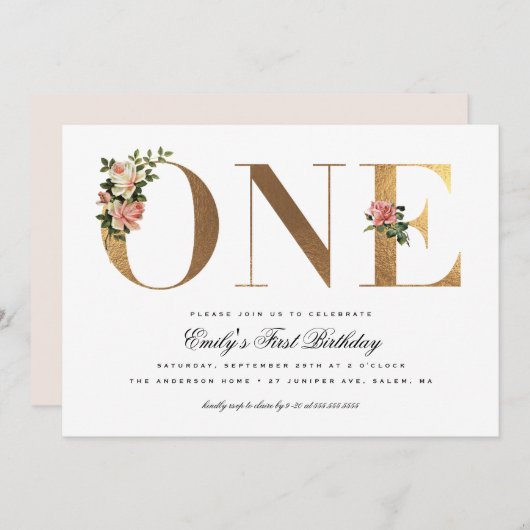 ヴィンテージエレガントバラのゴールドフォイル1歳の誕生日 招待状 (正面/裏面)