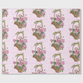 ヴィンテージエレガントバラバスケットonピンクダマスク ラッピングペーパー (フラット)
