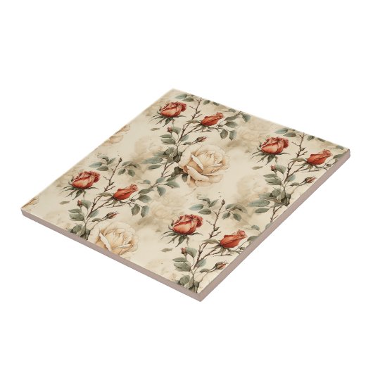 ヴィンテージエレガントバラフラワーベージュフローラシームレス タイル (側面)