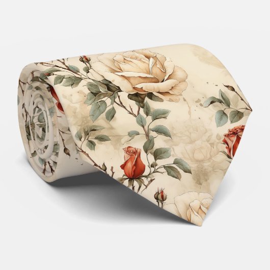 ヴィンテージエレガントバラフラワーベージュフローラ ネクタイ (ロール)