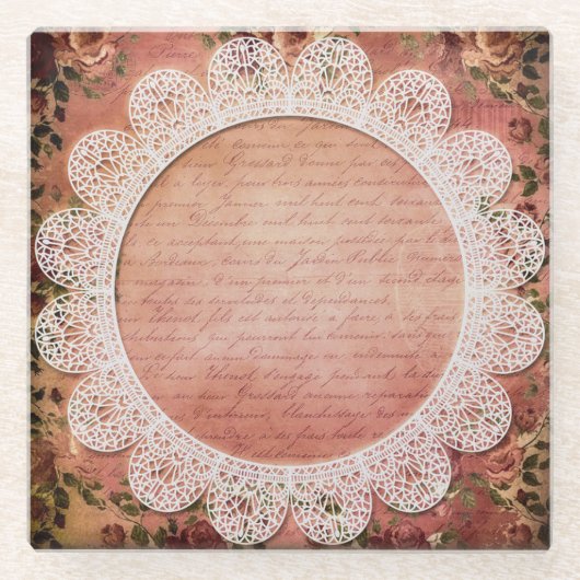 ヴィンテージエレガントバラ及びレースガラスコースター ガラスコースター (正面)