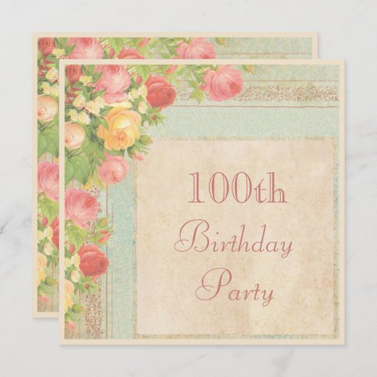 ヴィンテージエレガントバラ100歳誕生日パーティー 招待状 (正面/裏面)