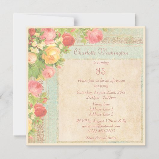 ヴィンテージエレガントバラ85th誕生日パーティー マグネット招待状 (正面)