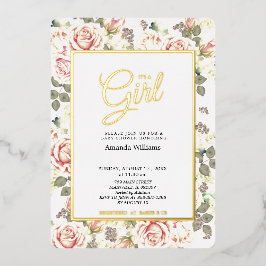 ヴィンテージエレガントバラ、ベビーシャワー金ゴールド 箔招待状