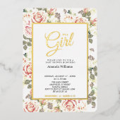 ヴィンテージエレガントバラ、ベビーシャワー金ゴールド 箔招待状 (正面)