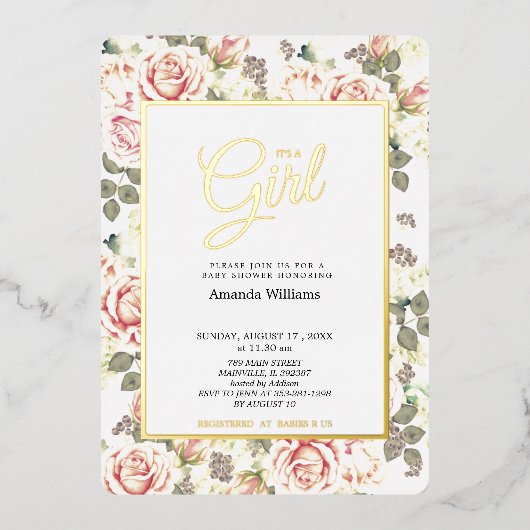 ヴィンテージエレガントバラ、ベビーシャワー金ゴールド 箔招待状 (正面)