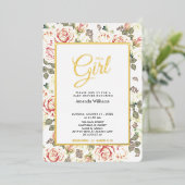 ヴィンテージエレガントバラ、ベビーシャワー金ゴールド 箔招待状 (立ち正面)