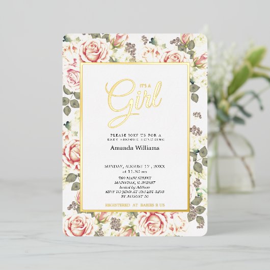 ヴィンテージエレガントバラ、ベビーシャワー金ゴールド 箔招待状 (立ち正面)