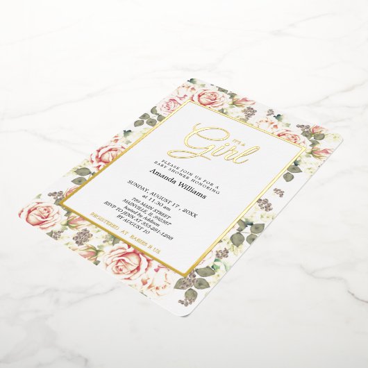 ヴィンテージエレガントバラ、ベビーシャワー金ゴールド 箔招待状 (回転した状態)