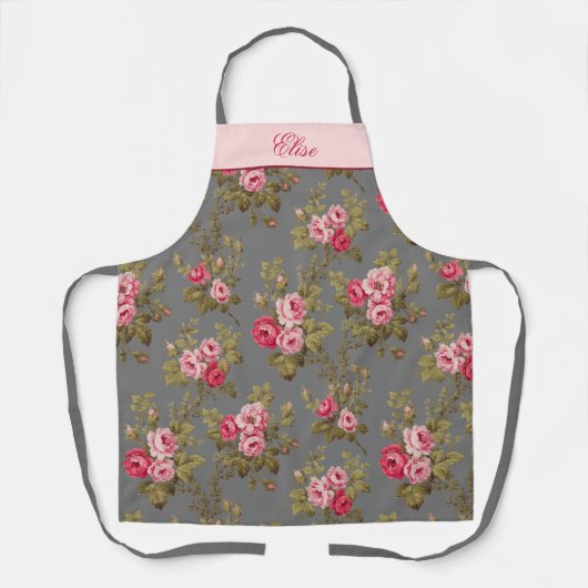 ヴィンテージエレガントバラ（名前グレー背景エプロン付き） エプロン (正面)