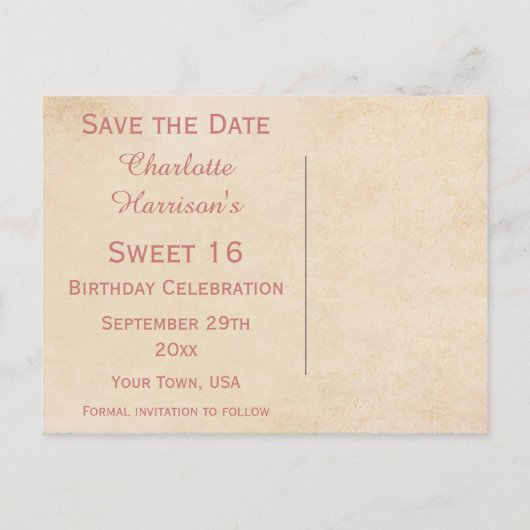 ヴィンテージエレガントバラSweet 16日付を保存 案内ポストカード (裏面)