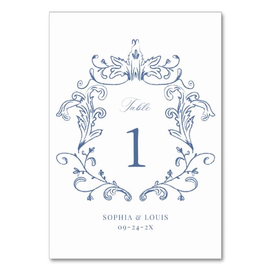 ヴィンテージエレガントバロックのクレスト結婚ブルー テーブルナンバー (正面)