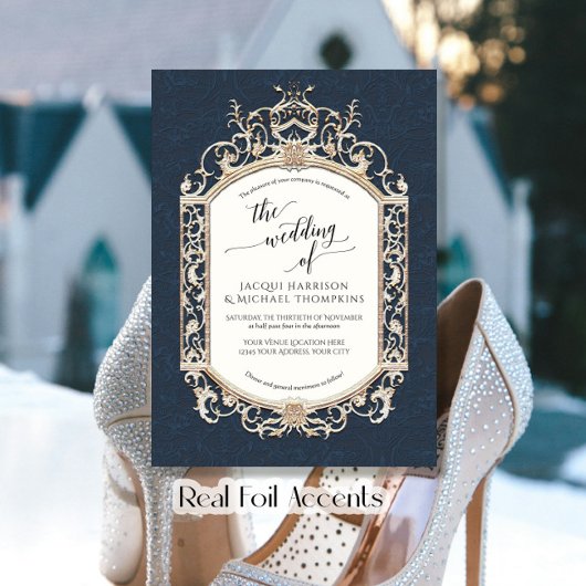 ヴィンテージエレガントバロックのスクロールワークネイビーブルー金ゴールド 箔招待状